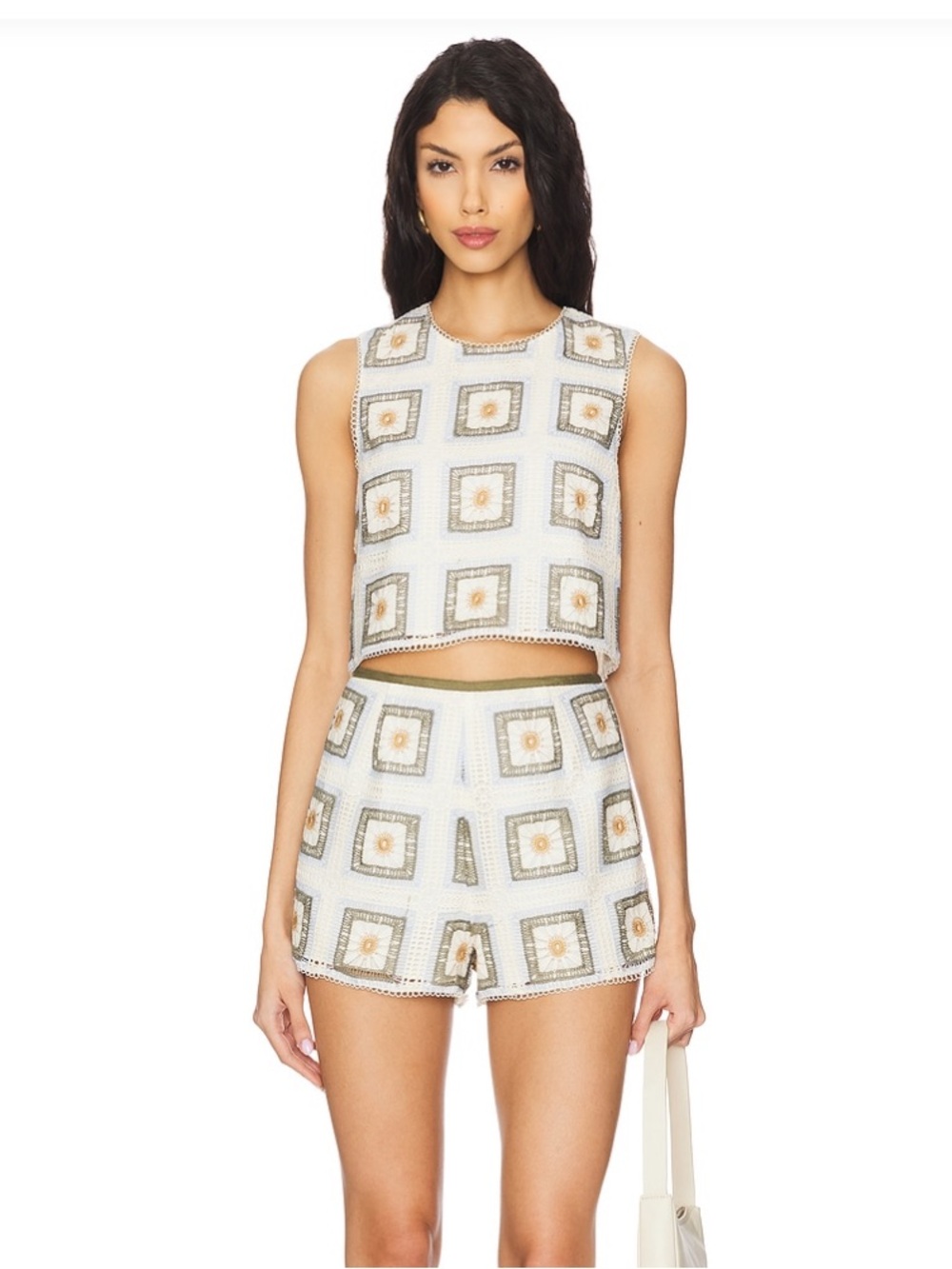SAYLOR High-Waist Multi-Color Geometric Crochet-Trim Shorts